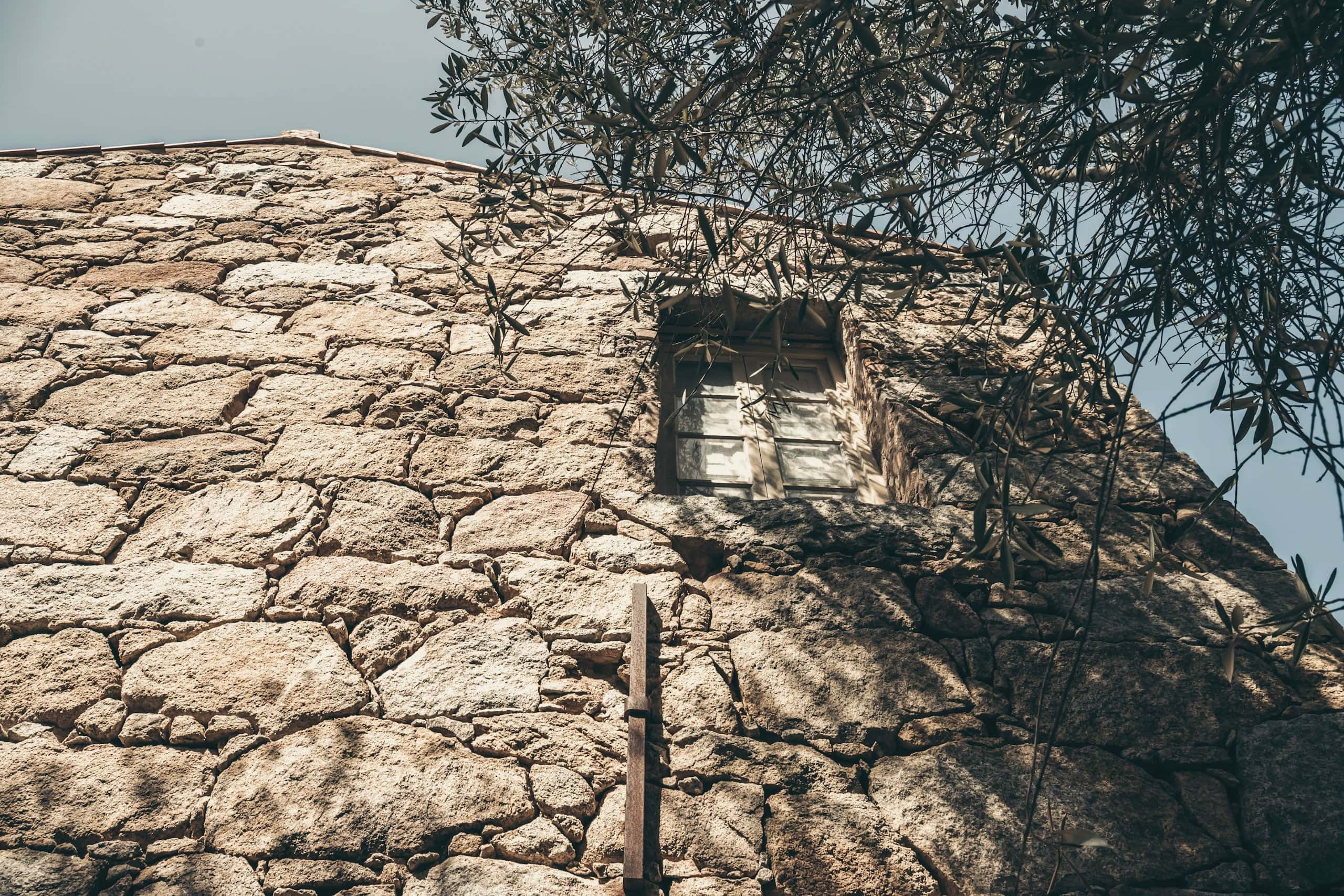 A rough stone wall with a single deep-set window beneath olive branches.