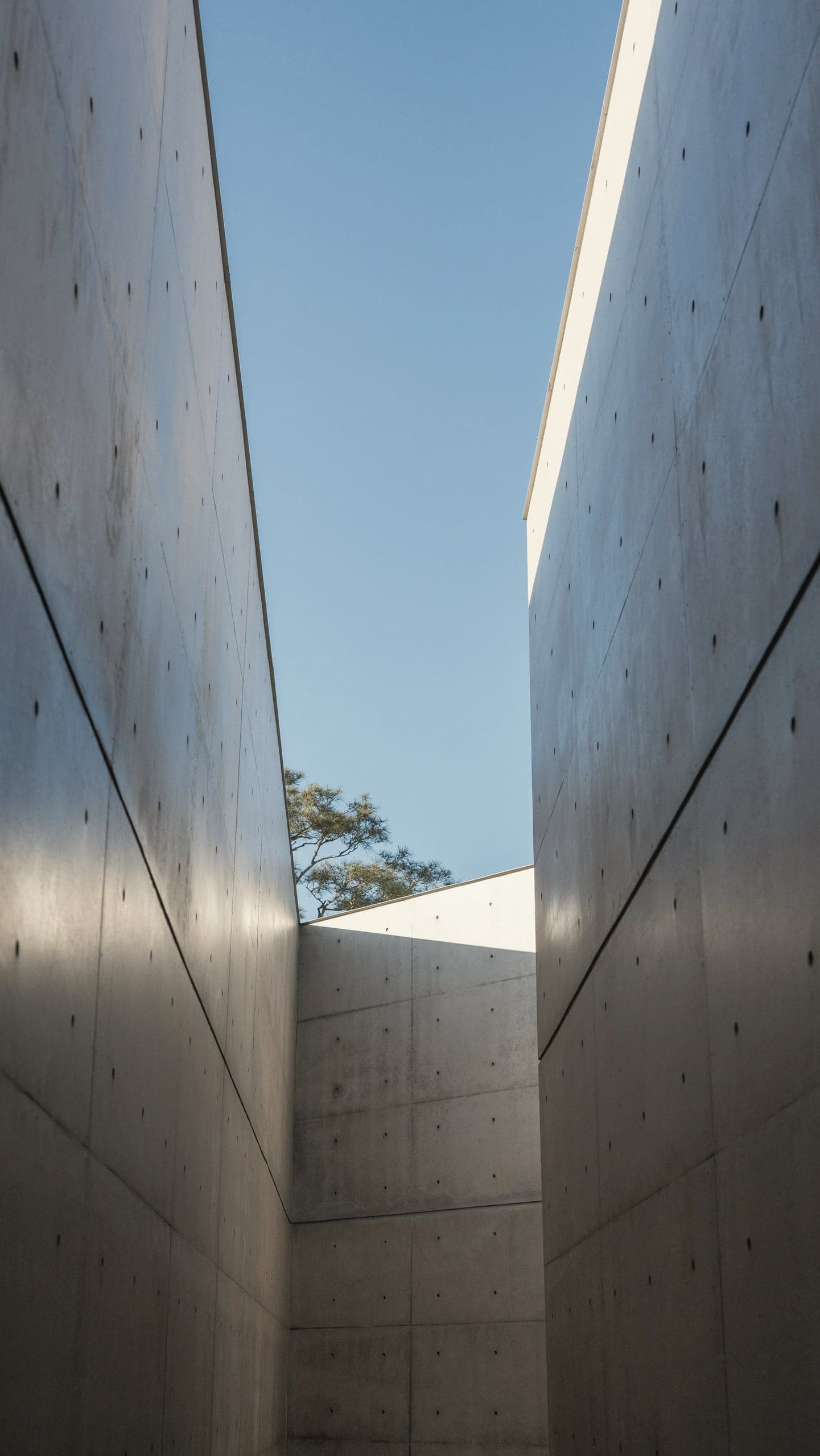 A tall slot of sky between two smooth concrete walls.