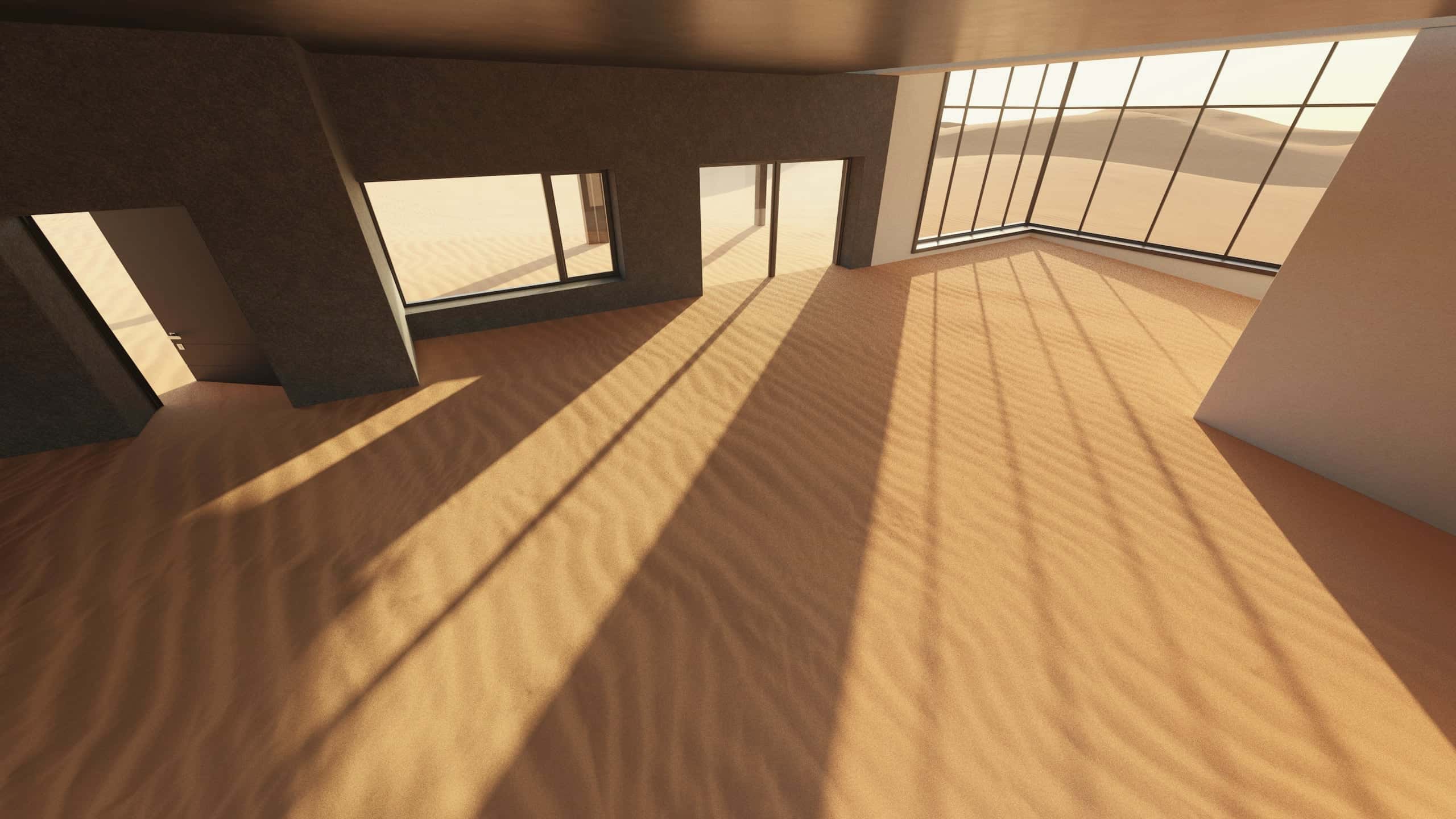 Sunlight falling in long bars across a sand-covered floor inside an open room.